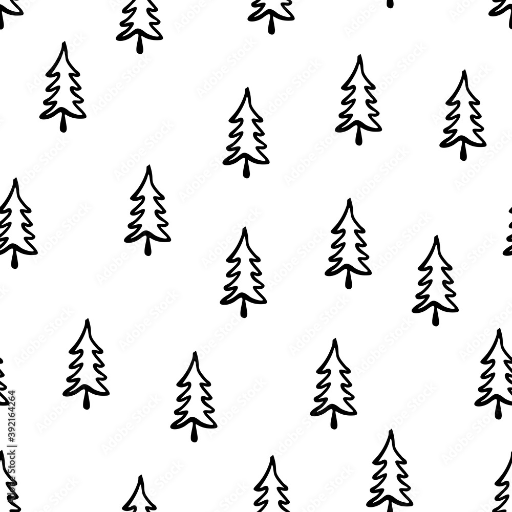 Fototapeta premium Christmas tree seamless pattern. Hand drawn doodle forest background. Retro holiday wraping paper. Vector monochrome pattern.