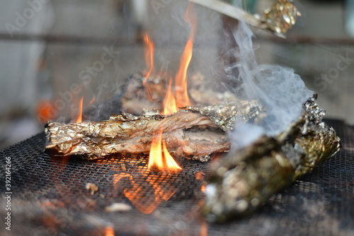 Baked fish in foil on a grill over a fire, picnic cooking. Fire and heat from wood in the grill in nature.