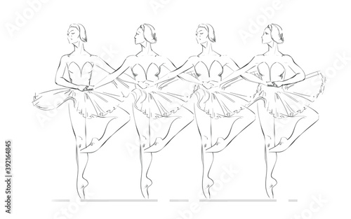 Vector Illustration of Four Ballerinas. Swan Lake Ballet. Freehand Drawing of Young Ballet Dancers. Free Hand Draw. Vector Monochrome Sketch of Dancing Girls. Classical Choreography. Realistic Style.