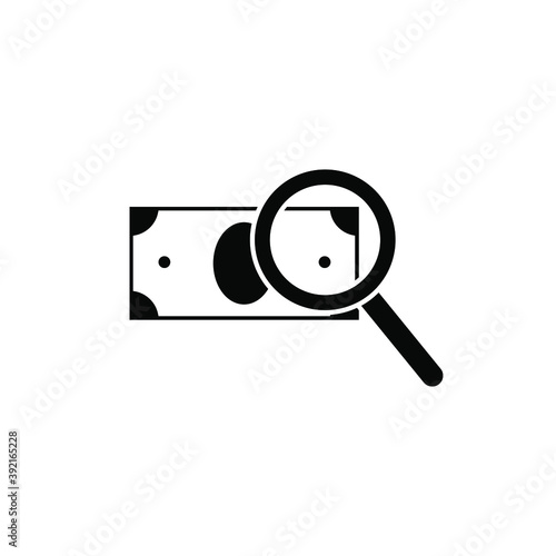 ector icon, dollar under a magnifying glass. Examine money through a magnifying glass. Determination of counterfeiting. Black silhouette isolated on white background, eps 10.