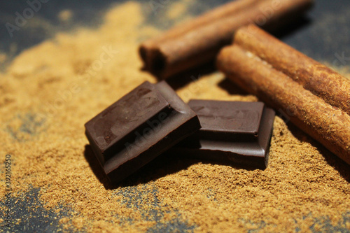 Two dark chocolate slices with cinnamon powder and cinnamon sticks.