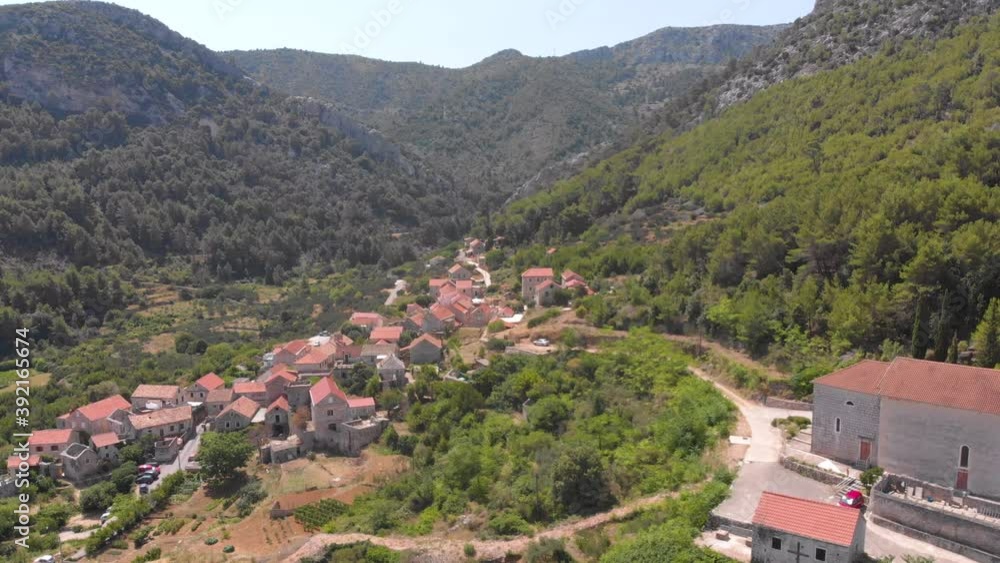 European Church Building Village in Croatia Countryside. Aerial View European Church Building Village in Croatia Countryside. Aerial View