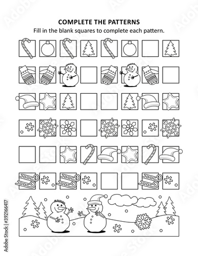 Winter holidays educational math activity sheet and coloring page to learn and practice basic skills of recognising sequential patterns 
