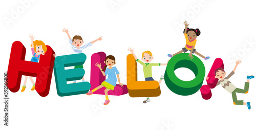 ハローのアルファベットと多民族の小学生