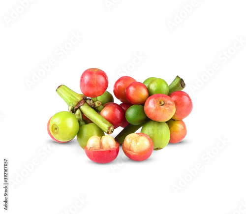 Fototapeta Naklejka Na Ścianę i Meble -  Red coffee beans , ripe and unripe berries isolated on white background