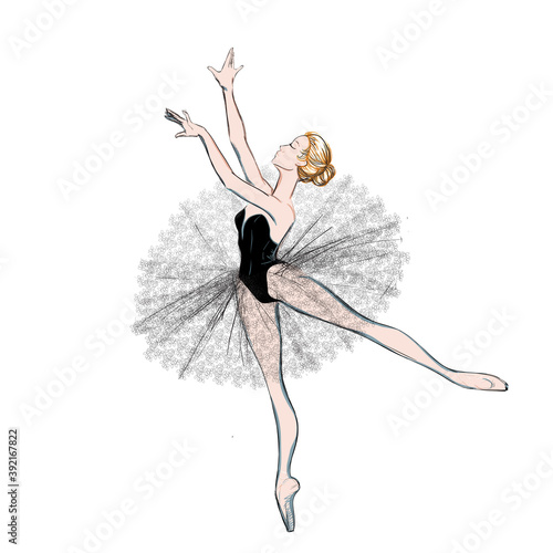 The Portrait of a Young Ballerina in a Lacy Dress. Vector Illustration of a Ballet Dancer Girl. Free Hand Draw. Realistic Freehand Drawing. Classical Dance. Costume Design Sketch. Sketched Tutu Dress.