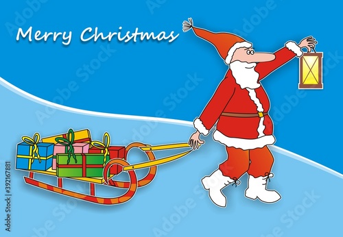 Santa Claus and sledge, Christmas card, vector illustration	