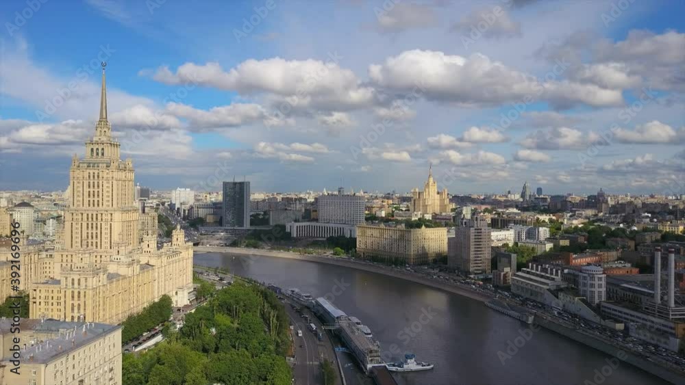 sunny day moscow city river bay famous buildings aerial flight over panorama 4k russia sunny day moscow city river bay famous buildings aerial flight over panorama 4k russia