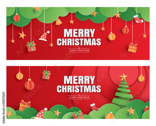 Merry christmas and happy new year red greeting card in paper art banner template. Use for header website, cover, flyer.