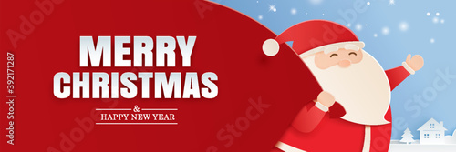 Santa claus and a huge bag of gifts with merry christmas and happy new year greeting card. Use for banner, poster, cover and all media.