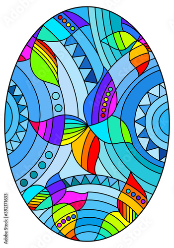 Illustration in stained glass style with abstract bright butterflies on a blue background, oval image