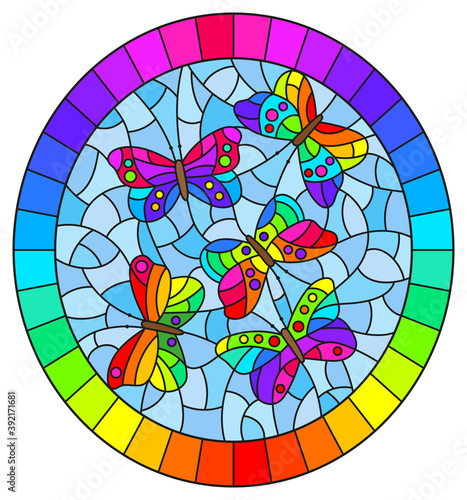 Illustration in stained glass style with abstract bright butterflies on a blue background, oval image in bright frame