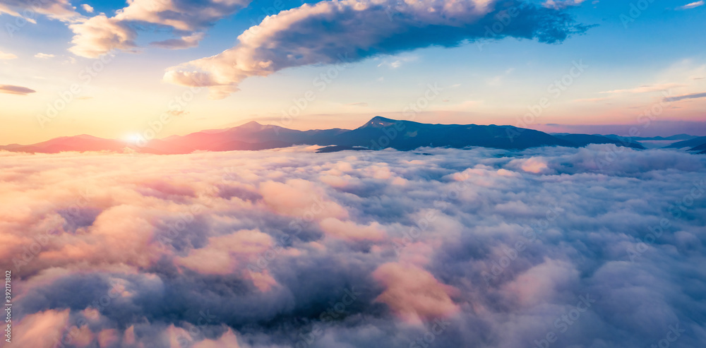 Obraz premium Flying above the clouds on drone. Unbelievable morning view of Carpathian mountains with Hoverla nad Petros mountains on background. Beauty of nature concept background.