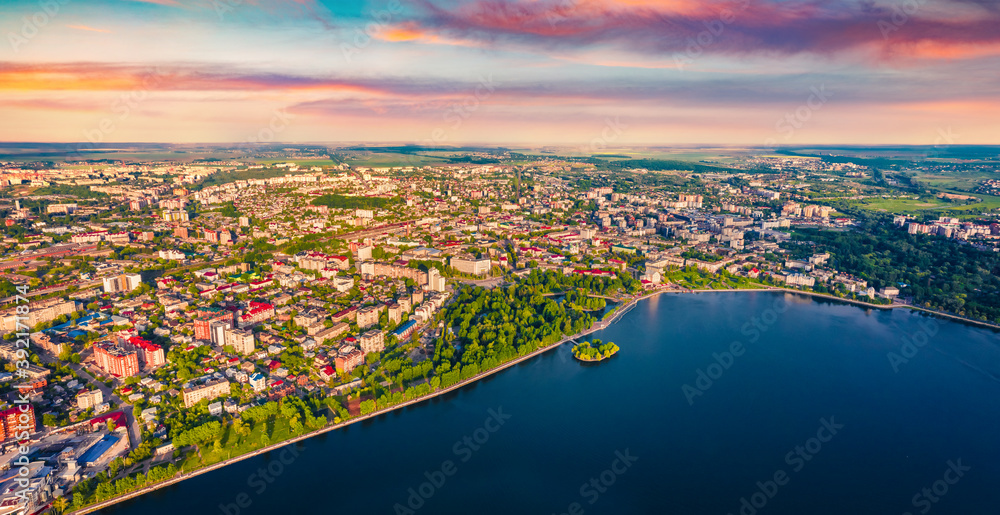 Aerial view of Ternopil town. Sunny summer view of Ternopil lake, Ukraine, Europe. Traveling concept background.