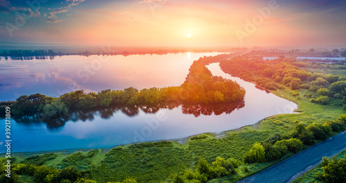 Gorgeous summer scene of Ukrainian countryside, Ternopil region. Colorful morning view from flying drone of Plotycha lake. Attractive sunrise on Ukraine, Europe. Traveling concept background.