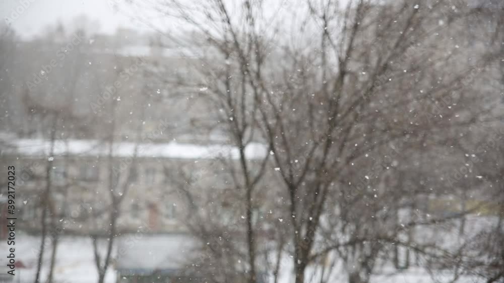 Outside the window, snow is falling. Winter season.snowflakes are slowly falling Outside the window, snow is falling. Winter season.snowflakes are slowly falling