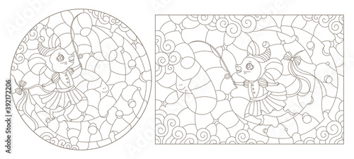 Set of contour illustrations of stained glass Windows with cute cartoon mice on the moon, dark outlines on a white background