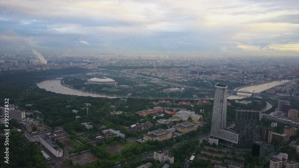 twilight moscow river famous luzniki cityscape aerial flight over panorama 4k russia twilight moscow river famous luzniki cityscape aerial flight over panorama 4k russia