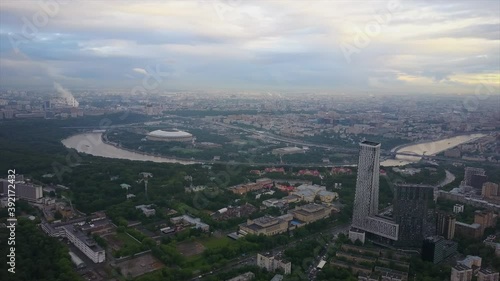 twilight moscow river famous luzniki cityscape aerial flight over panorama 4k russia