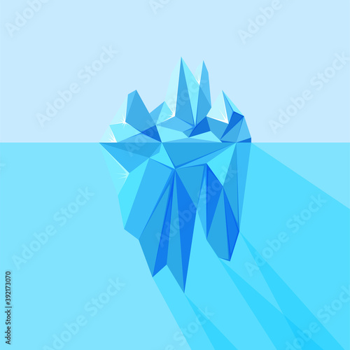 Iceberg visible and hidden parts floating in the arctic sea. Polygonal geometric iceberg. Vector illustration of blue floating glacier