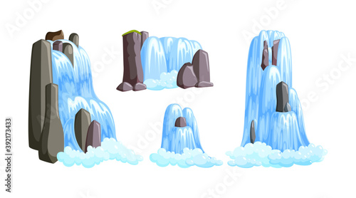 Waterfall cascades in mountains for paradise landscapes. Set of water cascades splasing down from the river isolated in white background. illustration in cartoon style