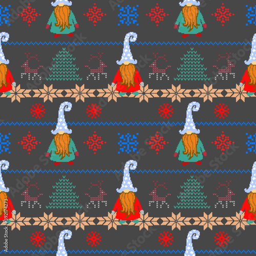 Christmas seamless pattern with pixel gnomes. Knitted festive illustration. Ugly sweater style. Nordic ornament.