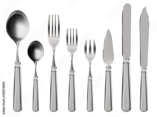 Realistic cutlery. Stainless steel tableware, knife, spoon and forks. Restaurant or home kitchen 3d silverware vector illustration set. Flatware or utensil for dinner or supper meal