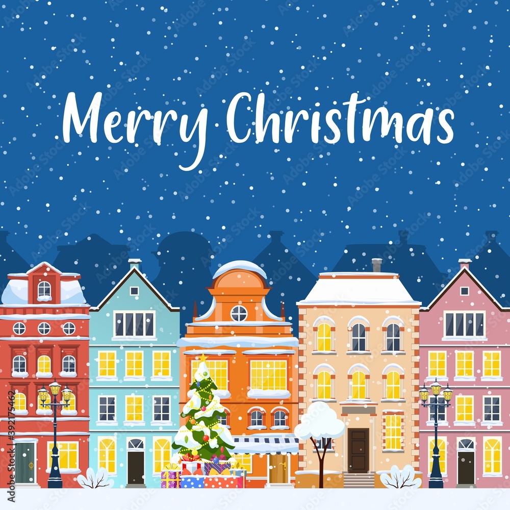 happy new year and merry Christmas winter old town street concept for greeting and postal card, invitation, template. Vector illustration in flat style