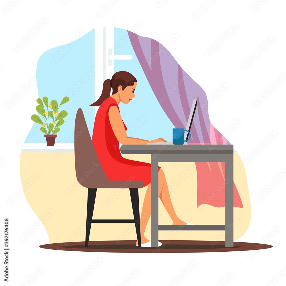 Young woman working at home. Girl sitting with computer. Remote workplace, modern lifestyle vector illustration Young woman working at home. Girl sitting with computer. Remote workplace, modern lifestyle vector illustration