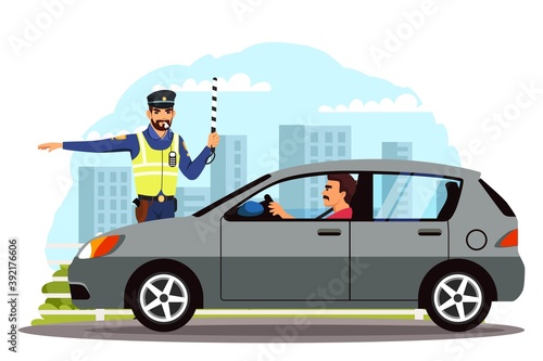 Police officer regulating road with cars. Man sitting in car  policeman standing allowing to drive further  hand gesture. Safe driving in city vector illustration. Street rules and safety