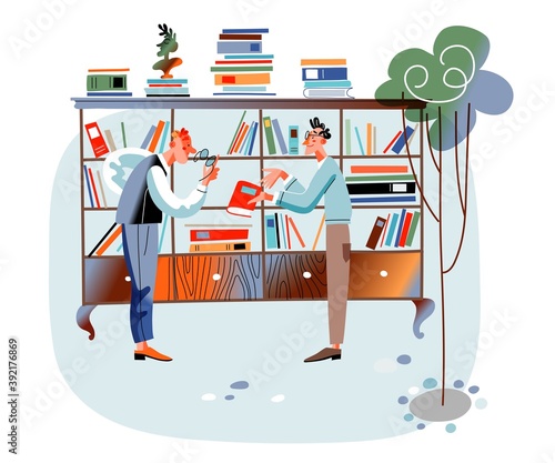 Men at bazaar fair or flea market. Man selling books, guy looking and buying. Old and used assortment for sale vector illustration. Shop or store in street outdoor, retail trade