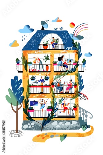 People on balcony in house front view. Girl exercising, boy playing guitar, happy people sitting and drinking, guy watering flowers, ballet dancer. Day indoor at home vector illustration