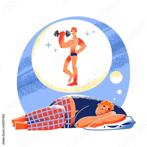 Man sleeping, dreaming of getting fit and strong body. Happy guy dreams of sporty muscular body with dumbbell at home. Thinking of appearance and fitness vector illustration