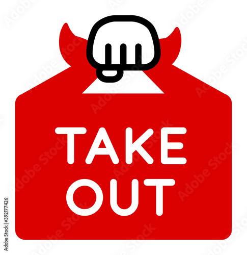 Red take-out icon holding a furoshiki or shopping bag in your hand