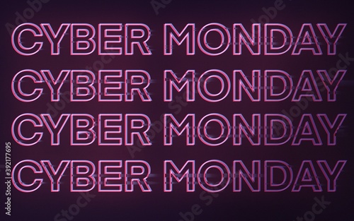 Cyber ​​Monday Sale, Glitch banner with repeat neon text. Digital illustration Cyber week deals Engage Customer. Dark abstract background for advertising strategies stores