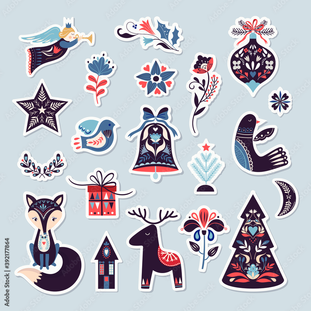 Christmas stickers collection in Scandinavian style, winter seasonal design