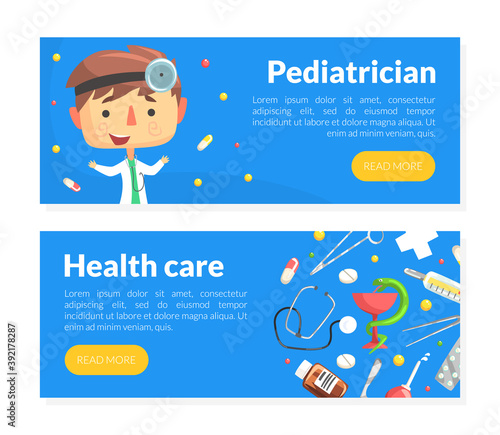 Pediatrician and Healthcare Landing Page Templates Set, Medical Care and Treatment for Children Homepage, Website Design Cartoon Vector Illustration
