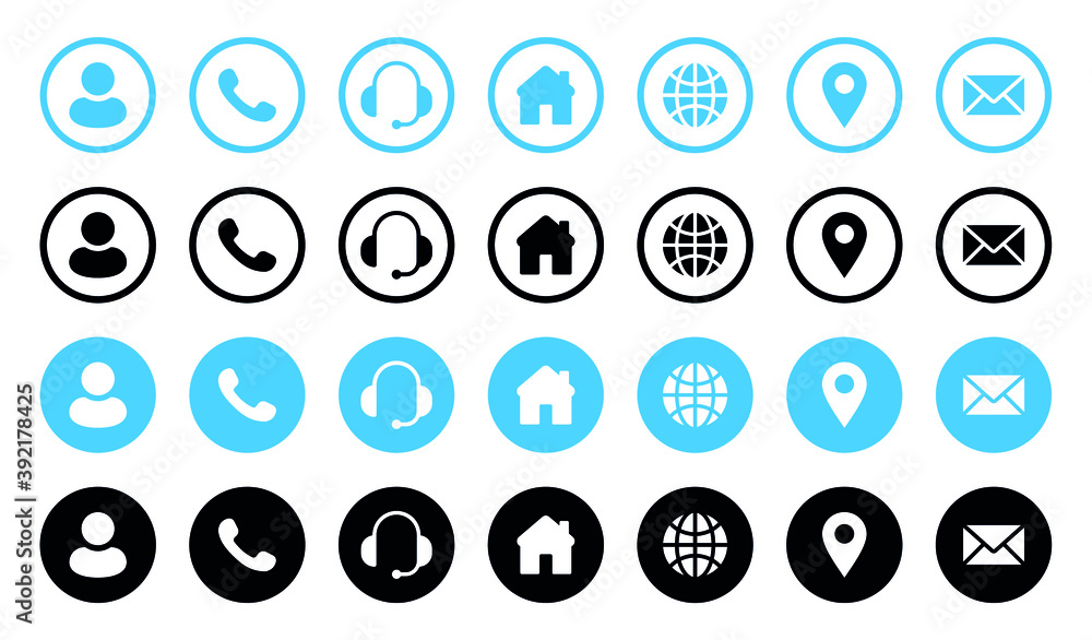 Web icon set, Set of contact icons, Business card vector icons, user, phone, home, web, location, mail and customer service or headphone, headset Web icon set, Set of contact icons, Business card vector icons, user, phone, home, web, location, mail and customer service or headphone, headset