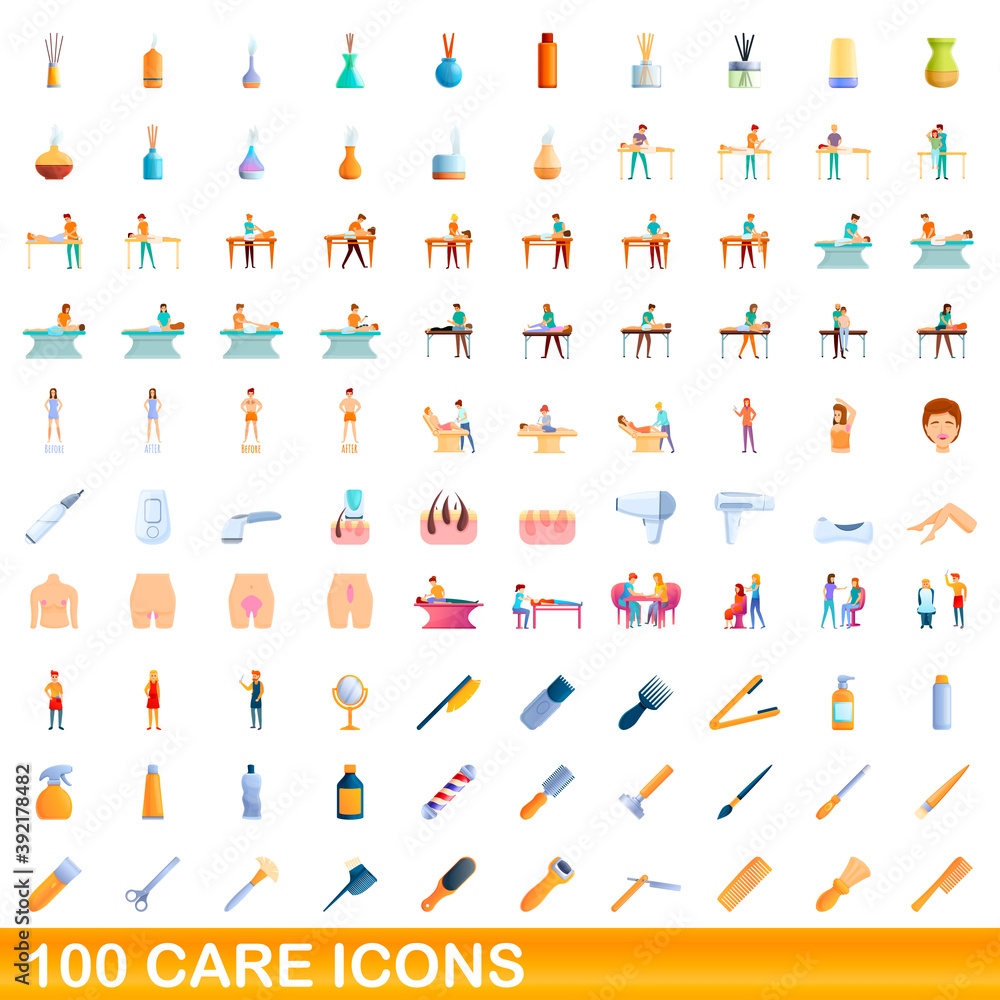 100 care icons set. Cartoon illustration of 100 care icons vector set isolated on white background 100 care icons set. Cartoon illustration of 100 care icons vector set isolated on white background