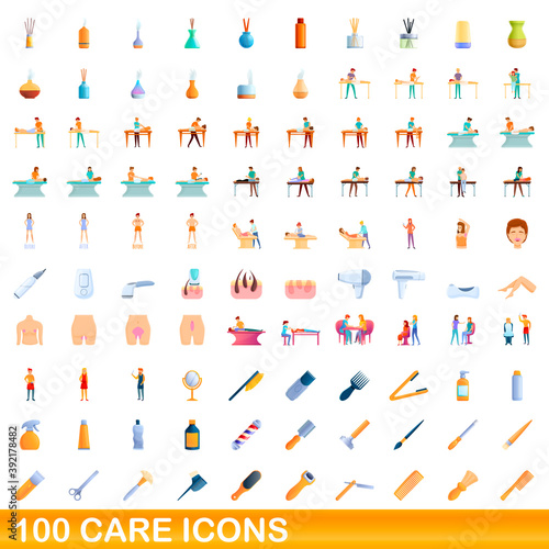 100 care icons set. Cartoon illustration of 100 care icons vector set isolated on white background