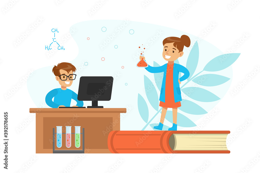 Boy and Girl Chemist Scientists Characters Experimenting with Mixing Chemicals, Children Doing Scientific Experiment Cartoon Vector Illustration Boy and Girl Chemist Scientists Characters Experimenting with Mixing Chemicals, Children Doing Scientific Experiment Cartoon Vector Illustration