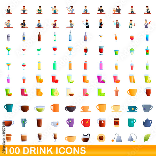 100 drink icons set. Cartoon illustration of 100 drink icons vector set isolated on white background