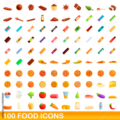 100 food icons set. Cartoon illustration of 100 food icons vector set isolated on white background