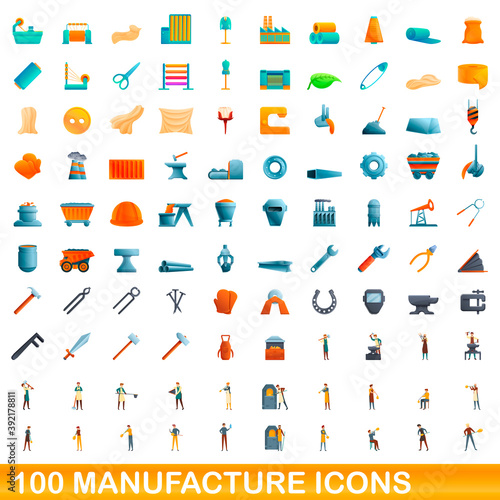 100 manufacture icons set. Cartoon illustration of 100 manufacture icons vector set isolated on white background