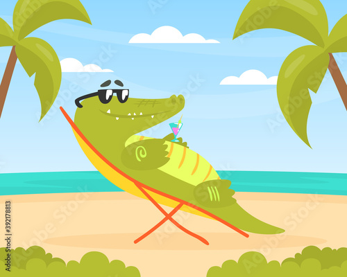 Cute Crocodile Character Sitting on Wooden Chair near the Sea on the Beach Cartoon Vector Illustration