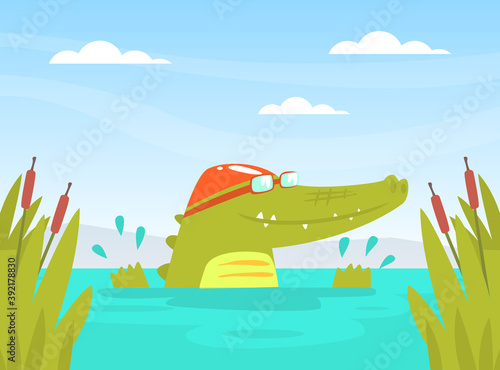 Cute Crocodile Character in Cap Swimming in Pond Cartoon Vector Illustration