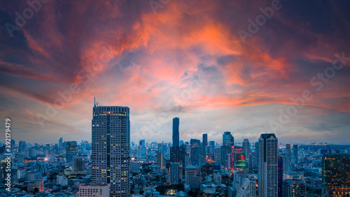 Aerial view Bangkok city on twilight with colorful sky.