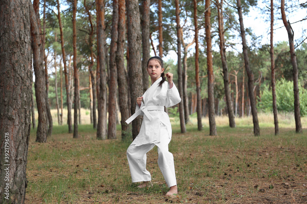 Cute little girl in kimono practicing karate in forest Cute little girl in kimono practicing karate in forest