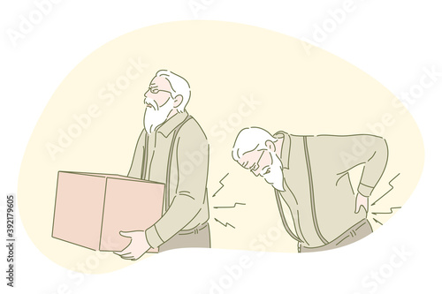 Back ache, back pain, rheumatism, osteoporosis concept. Senior mature man cartoon character carrying heavy box and suffering from strong back pain. Health, elderly people, illness, spine problems 