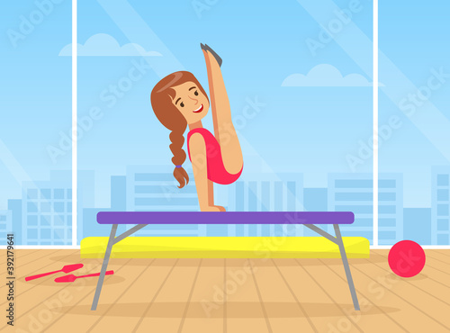 Cute Girl Performing Gymnastic Exercise on Uneven Bars, Gymnast Girl with Ribbon Taking Part in Rhythmic Gymnastics Competitions Cartoon Vector Illustration